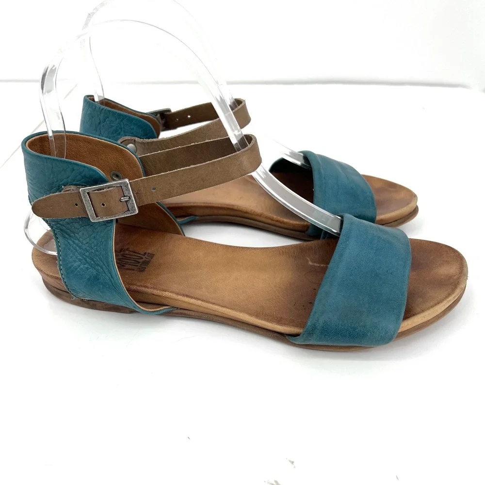 Miz Mooz Alanis Teal Blue Leather Ankle Strap‎ Flat Sandals Womens 8